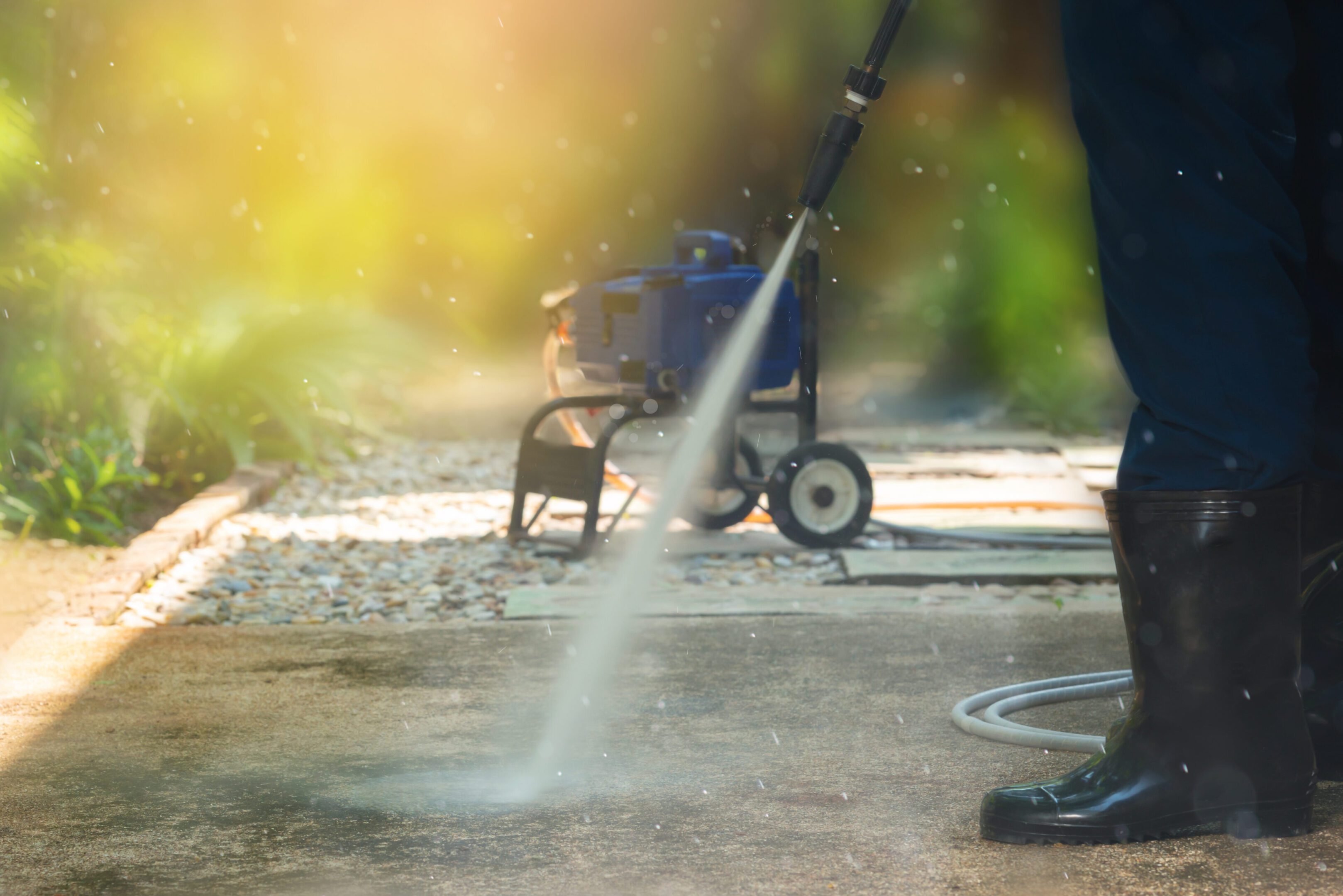 Man cleaning dirty walkway with high pressure water cleaner ,professional cleaning services concept.